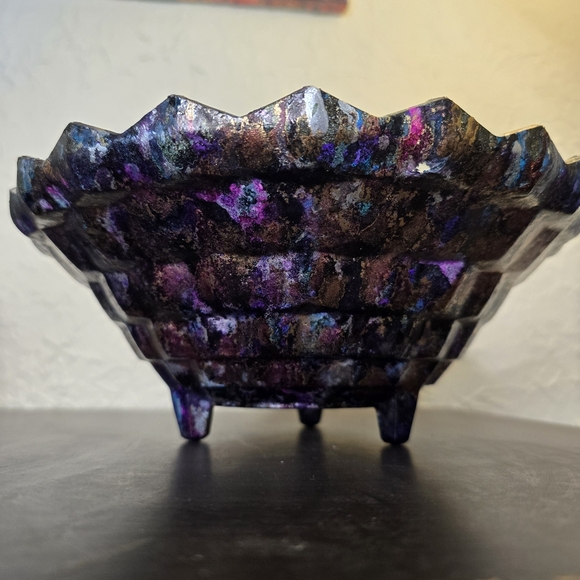 HANDCRAFTED Upcycled Glass Abstract Dish HANDPAINTED Tabletop Art Decor Bowl - Picture 6 of 17